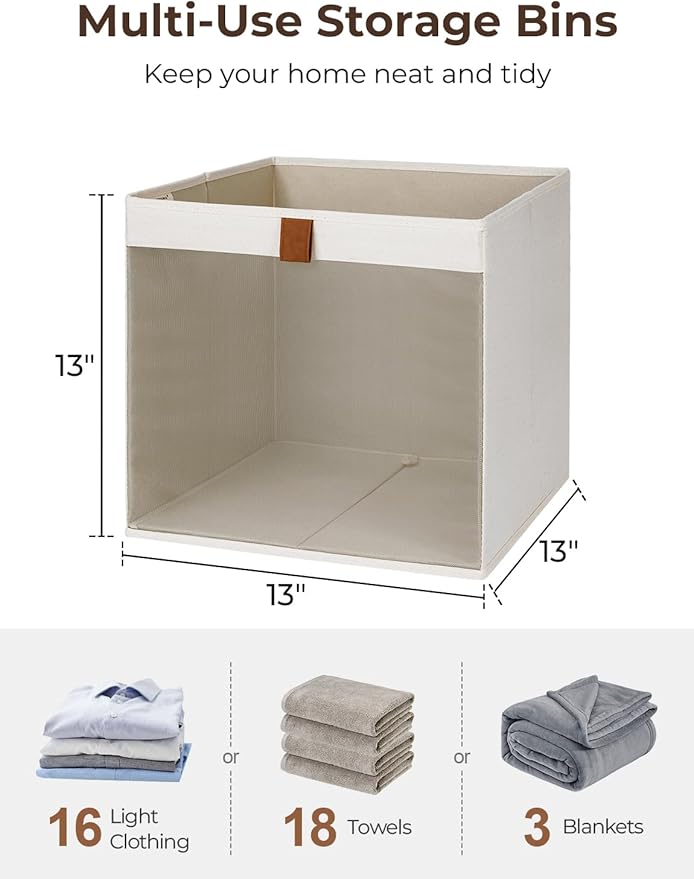 StorageWorks 13x13 Storage Cubes, Closet Storage Bins with Clear Window, Large Fabric Organizer for Clothes, Collapsible Storage Baskets with PU Handles, Beige, 3-Pack-DeskLoop Office