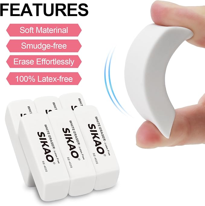 White Erasers, 6 Pack Pencil Erasers | Latex-Free & Smudge-Free Beveled Rubber - Image 3