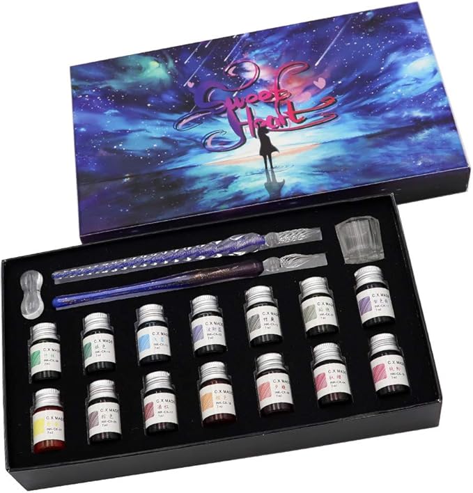 AXEARTE Glass Dip Calligraphy Pen Set, 18-Pieces 14 Color Inks, Pen Holder, Cleaning Cup, 2 Crystal Glass Pens for Art, Writing, Drawing, Signatures, Gift for Kids and Artist-DeskLoop Office