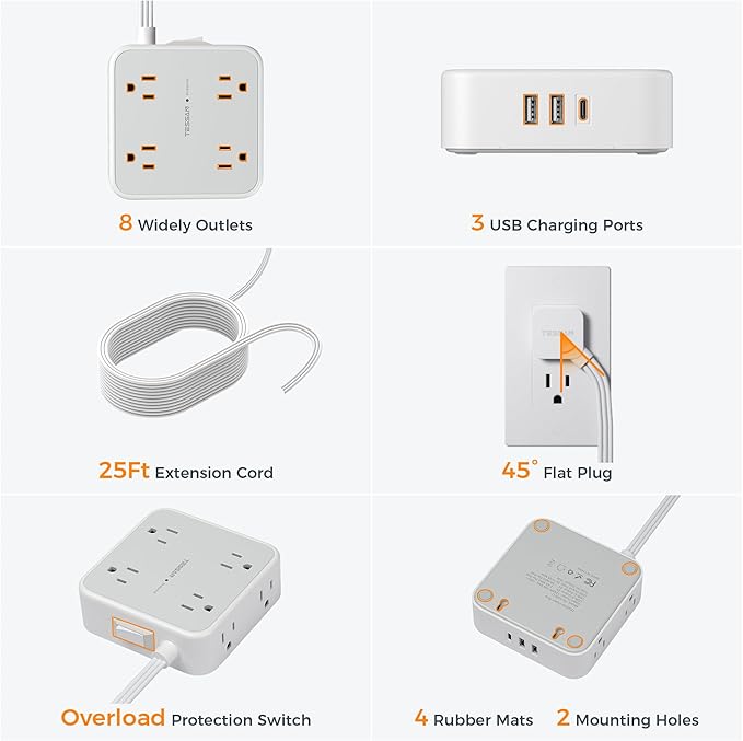 Flat Plug Long Extension Cord 25 Ft, TESSAN Power Strip Surge Protector with 8 Outlets 3 USB Ports (1 USB C), 900J Protection Desktop Charging Station for Home, Office, Dorm Room Essentials-DeskLoop Office