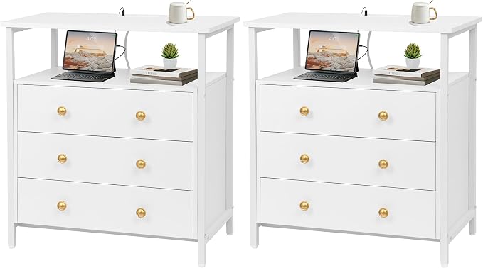 Edbuosy 3 Wooden Drawers Nightstand, 27 Inch Wide Night Stand Set 2 by Edbuosy