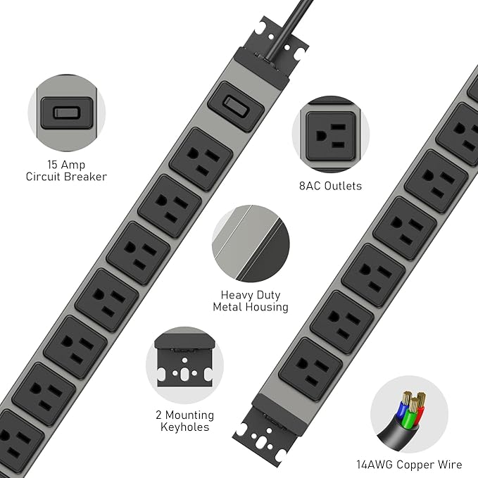 JUNNUJ Heavy Duty Power Strip 8 Outlet Wall Mount, Metal 20 Amp Surge Protector 1200J, Garage Industrial Outlets 6-20R T-Slot, 6FT 12AWG Extension Cord.-DeskLoop Office