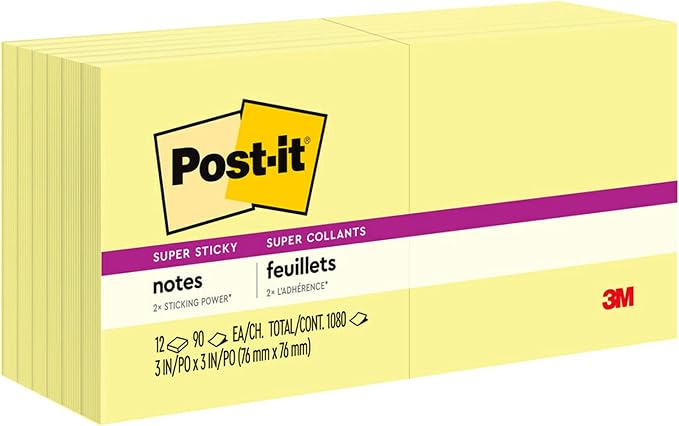 Post-it Super Sticky Notes, 12 Sticky Note Pads, 3 x 3 in., School Supplies by Unknown