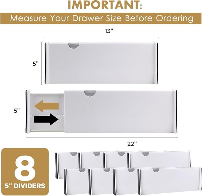 RAPTUROUS Deep Drawer Dividers 8 Pack, 5 Inch Tall, 13-22 Inch Long Expandable - Image 2