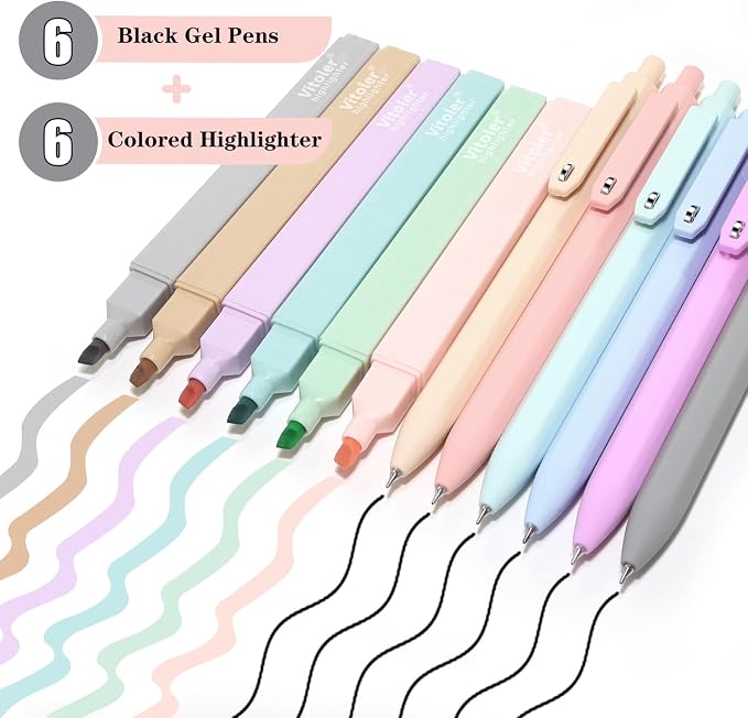 Vitoler Aesthetic Highlighters & Black Gel Pens 12 Pack, No Bleed | Fast Drying - Image 2