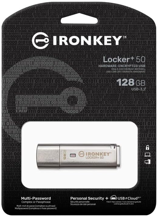 Kingston Ironkey Locker+ 50 128GB Encrypted USB Flash Drive | USB 3.2 Gen 1 | XTS-AES Protection | Multi-Password Security Options | Automatic Cloud Backup | Metal Casing | IKLP50/128GB-DeskLoop Office