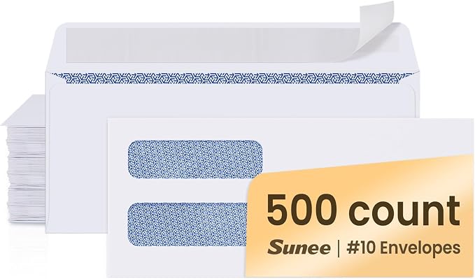 SUNEE Envelopes Self Seal – #10 Double Window Envelopes 500 Pack, Security Tint by SUNEE