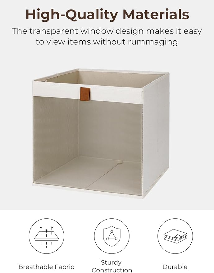 StorageWorks 13x13 Storage Cubes, Closet Storage Bins with Clear Window, Large Fabric Organizer for Clothes, Collapsible Storage Baskets with PU Handles, Beige, 3-Pack-DeskLoop Office