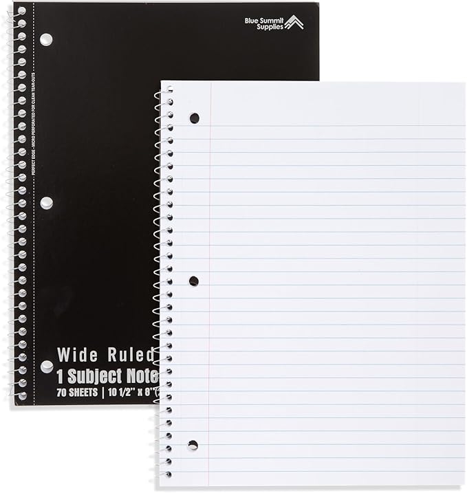 Blue Summit Black Wide Ruled Spiral Notebooks Bulk, 1 Subject Spiral Notebook Wide Ruled, Paper School Bulk Notebooks, 48 Pack-DeskLoop Office
