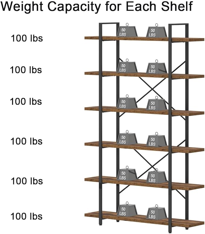 HSH 6 Shelf Tall Bookcase, Industrial Modern Large 6 Tier Bookshelf, Open Wood and Metal Display & Storage Rack,Farmhouse Bookcases and Book Shelves 6 Shelf for Bedroom Living Room Office,Rustic Brown-DeskLoop Office