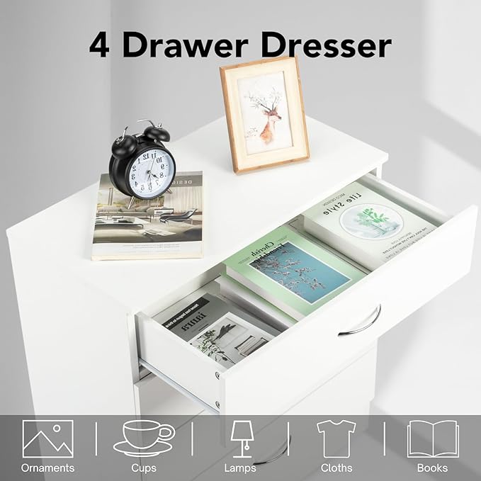 Karl home 4 Drawer Dresser for Bedroom, Small Chests of Drawers Modern Nightstand, White Dresser Chest with 4 Storage Drawers, Dressers for Nursery, Hallway, Living Room, Closet-DeskLoop Office