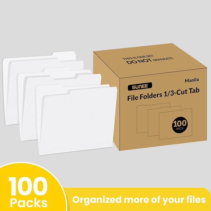 SUNEE File Folders Letter Size White, 100 Pack Manilla Folders 8.5 x 11 1/3-Cut - Image 2