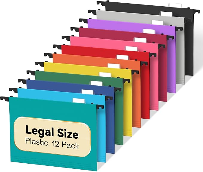 Plastic Legal Size Hanging File Folders, 12 Pack Sturdy Legal Hanging Folder by NORDUN