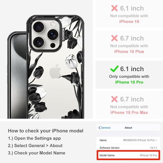 MOSNOVO Case for iPhone 15 Pro, [10ft 4X Military-Grade Drop Protection] Durable & Shockproof Phone Case Cover Design for iPhone 15 Pro - Black White Tulips - Clear Black-DeskLoop Office