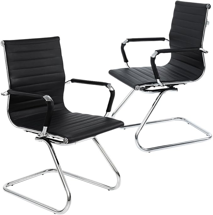 Reception Chairs No Wheels Leather Conference Chair Heavy Duty Back Support Office Guest Chair, Set of 2 (Black)-DeskLoop Office