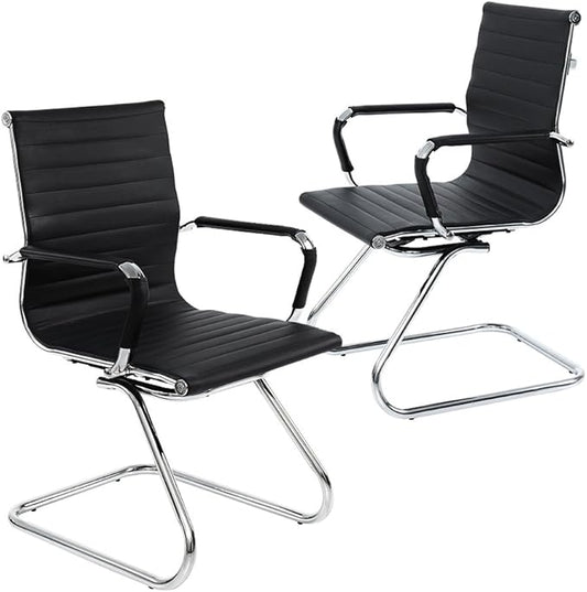 Reception Chairs No Wheels Leather Conference Chair Heavy Duty Back Support Office Guest Chair, Set of 2 (Black)-DeskLoop Office