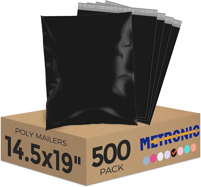 Metronic Black Poly Mailers 14.5x19 Large 500 Pack Self-Seal Shipping Bags by METRONIC
