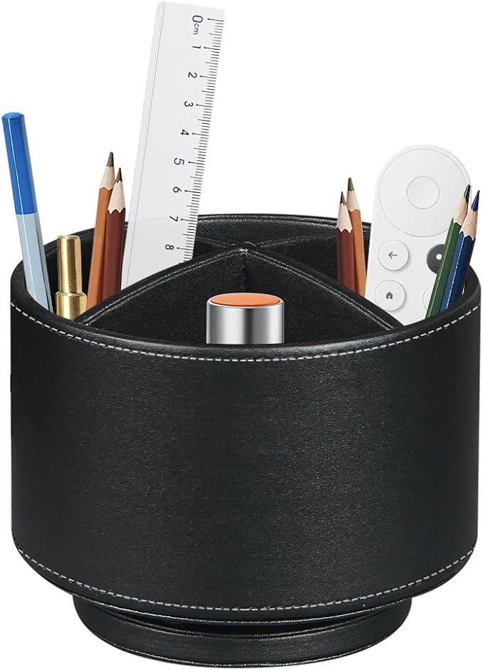 Fanousy 360° Rotating Pen Holder for Desk, Leather Pencil Pen Organizer Remote Control Holder Table Desktop Nightstand Organizer Caddy Storage, Office Desk Organizers And Accessories 5.5x5.5x4.0 Inch-DeskLoop Office