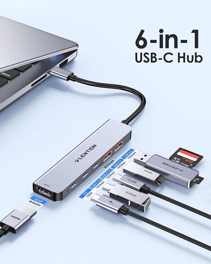 LENTION USB C Hub with 4K@60Hz HDMI, 2 USB C and 2 USB 3.2 Gen2 Transfer Data in 10Gbps Max, 100W Charging, for MacBook Pro M4, Mac Air, iPhone 15, Windows, More, Stable Driver Adapter (CE37 Gray)-DeskLoop Office