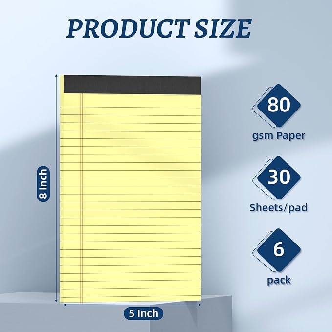6 Pack 5 x 8 Inch Yellow Legal Pads, Double-Sided Lined Notepads - Image 2