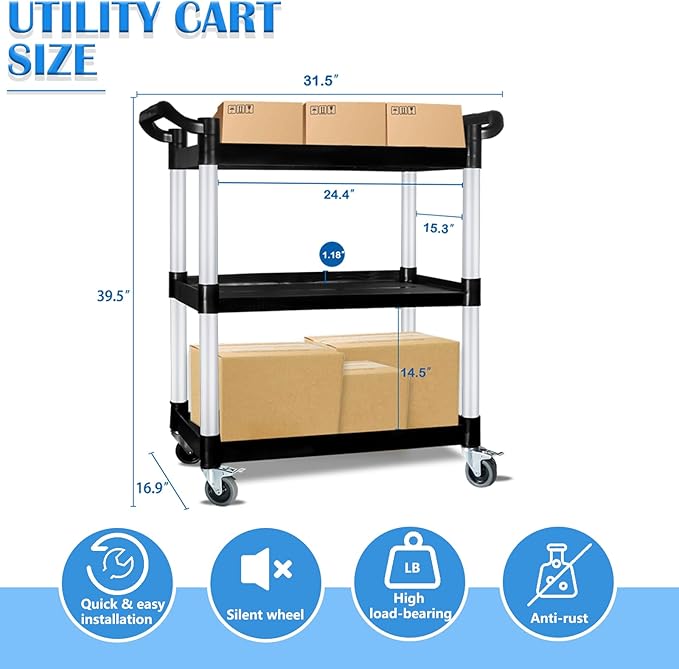 AQNIEGEP Utility Carts with Wheels, Rolling Kitchen Cart, 3 Tier Cart, Food - Image 3