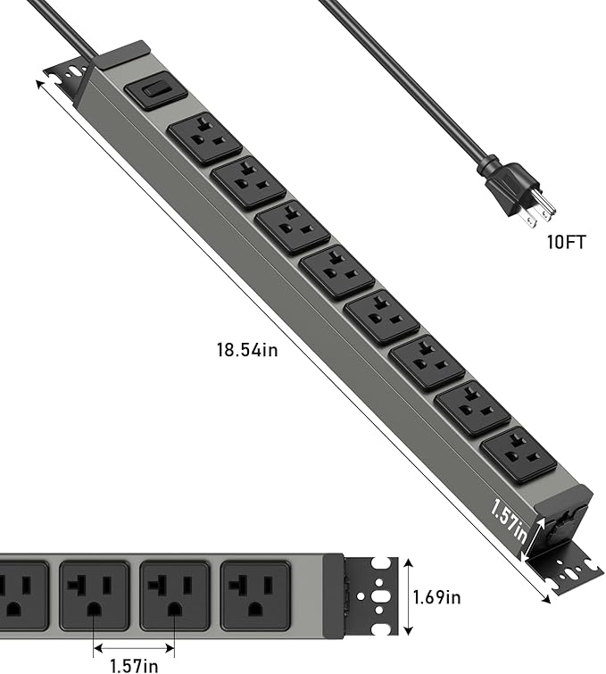 JUNNUJ Heavy Duty Power Strip Wall Mount, 20 Amp Surge Protector 1200J Metal 8 Outlet Under Desk Mounted 20A, Garage Power Bar Table Socket Industrial Outlets 6-20R T-Slot, 10FT 12AWG Extension Cord-DeskLoop Office