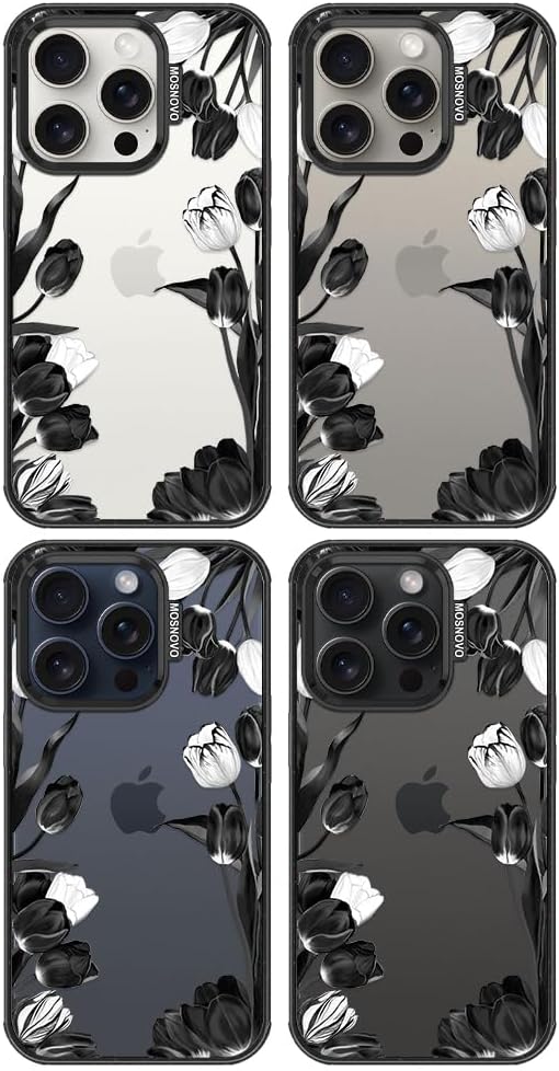 MOSNOVO Case for iPhone 15 Pro, [10ft 4X Military-Grade Drop Protection] Durable & Shockproof Phone Case Cover Design for iPhone 15 Pro - Black White Tulips - Clear Black-DeskLoop Office