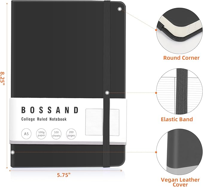 BOSSAND Lined Journal Notebooks, 6 Pack A5 Journals for Writing, 200 Pages 100 GSM Thick College Ruled Paper, Hardcover, 8.25 inches x 5.75 inches, Black-DeskLoop Office
