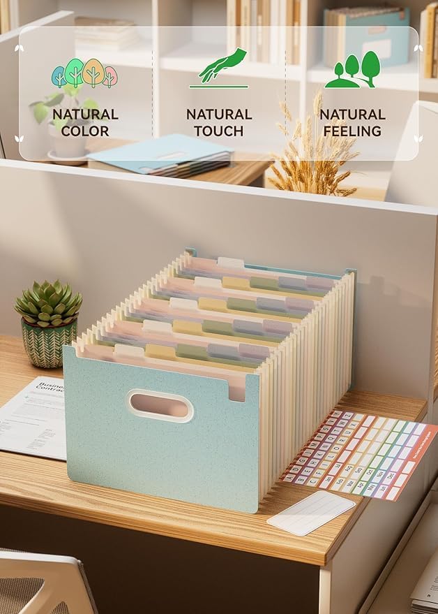 Accordion File Organizer, 26 Pockets Wheat Straw Expanding File Folders, Upright&Open Top, A-Z Bill Receipt Organizer, 100% BPA Free, Return to Nature, Healthy Living, Letter/A4 Size-2 Packs-DeskLoop Office