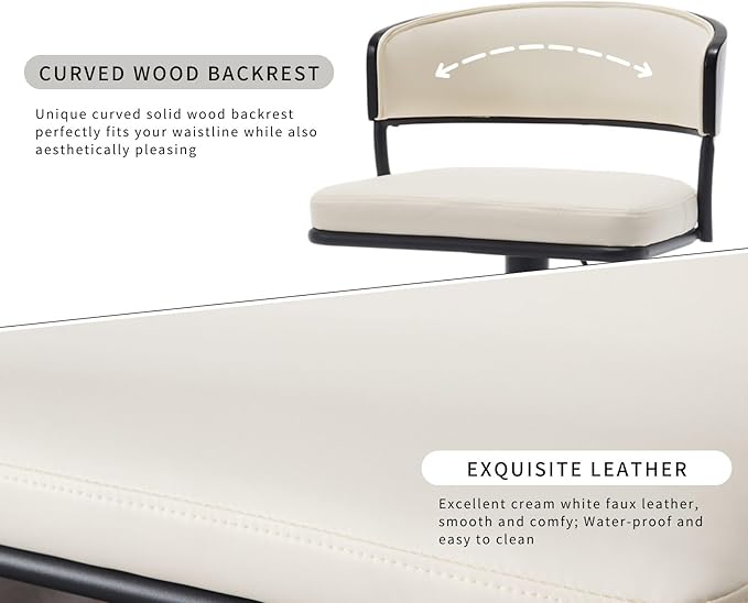 Adjustable Modern Bar Stools Set of 6 Faux Leather Barstools Swivel Counter Height Bar stools with Curved Back/Black Metal Base Comfy Upholstered Bar Chairs for Kitchen Island, Beige-DeskLoop Office