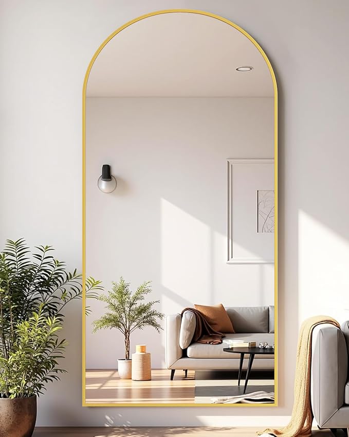 Full-Length Floor Mirror with Stand, 76"x34" Arched Style Full Body Standing Mirror for Bedroom, Living Room, Gym, Dorm - Shatter-Resistant & Easy Assembly, Gold-DeskLoop Office