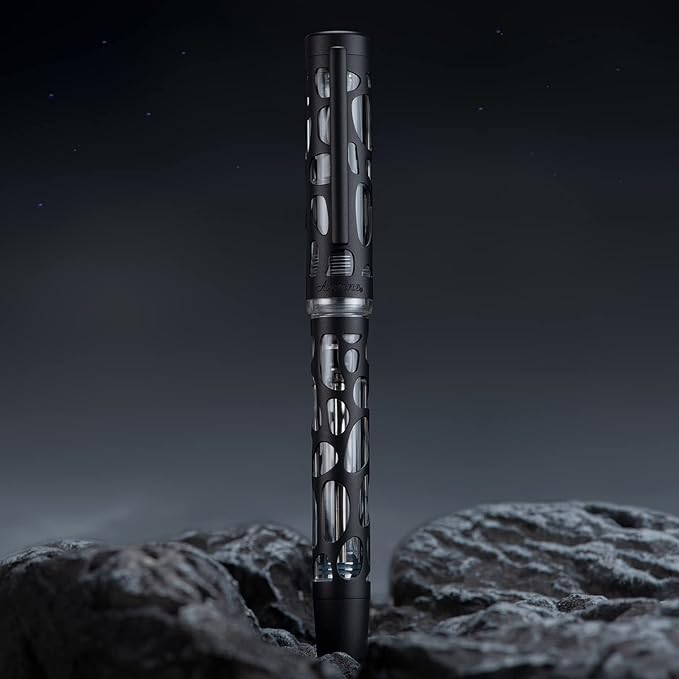 Asvine V169 Vacuum Filling Fountain Pen, Matte Black Water Drop Skeleton Transparent Acrylic Pen, Black Medium Nib Office Pen with Case Set