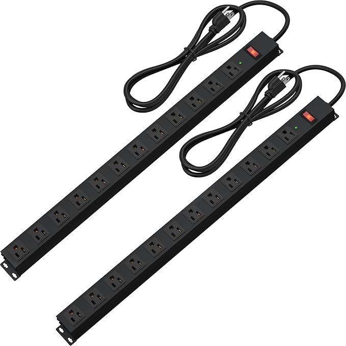 12 Outlet Long Power Strip Surge Protector with 2100 Joules, 6FT Power Cord, Wide Spaced Outlet Power Bar, Overload Protection Switch, Industrial Heavy Duty for Work Bench, Shop, Garage (Black),2 Pack-DeskLoop Office
