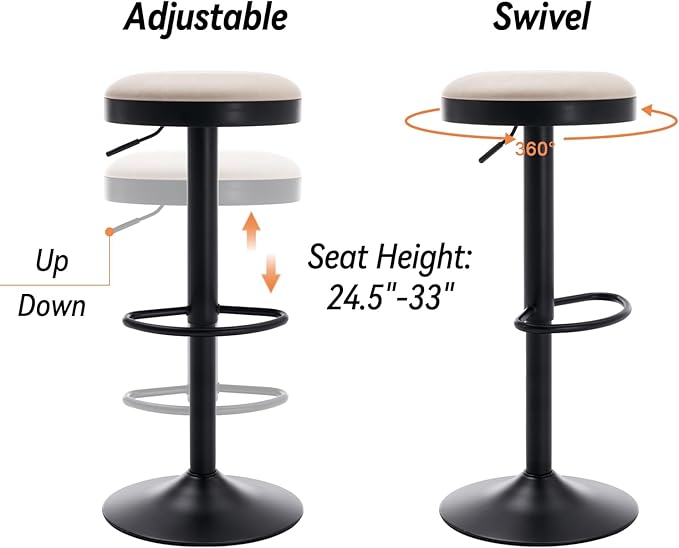 Round Swivel Counter Height Bar Stools Set of 1 Modern Adjustable Barstools Backless PU Leather Bar Chairs Industrial Island Chairs with Metal Base/Footrest for Kitchen Island/Pub, Beige-DeskLoop Office