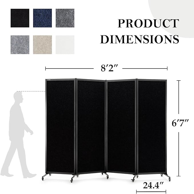 Upgrade Version Room Partition and Divider, Freestanding Rolling Dividers with Wheels,Office Privacy Screen Divider Wall,Classroom Felt Dividers,8'2"L* 6'7"H,4 Panel，Black-DeskLoop Office