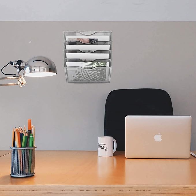 EASEPRES 5 Pocket Mesh Hanging Wall File Organizer, Wall Mounted Mail Paper Document Folder Holder, Clipboard Storage Organization Magazine Rack with Nametag Label for Office Home School, Silver-DeskLoop Office