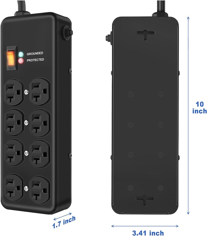 20Amp Power Strip Surge Protector, Durable Metal 8-Outlet with Heavy Duty 20 Amp 6Ft 12 Gauge Extension Cord, for Garage, Workshop & Industrial Use with 6-20R T-Slot Outlets, 4800J-DeskLoop Office