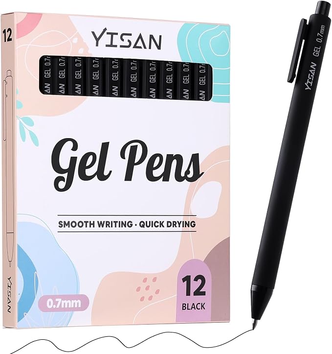 YISAN Black Gel Pens, 12 Pack, 0.7mm Bullet Tip | Retractable, Fast Dry by YISAN
