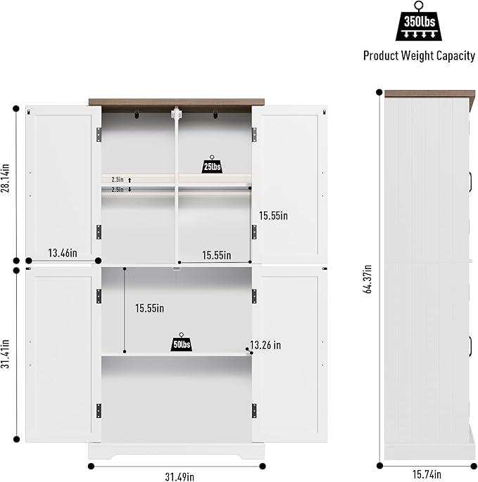HOSTACK 64" Tall Pantry Cabinet, Modern Farmhouse Kitchen Pantry, Wood Bathroom Storage Cabinet, Large Bookcase, 4 Doors|Adjustable Shelves, for Dining Room, Living Room, Home Office, White-DeskLoop Office