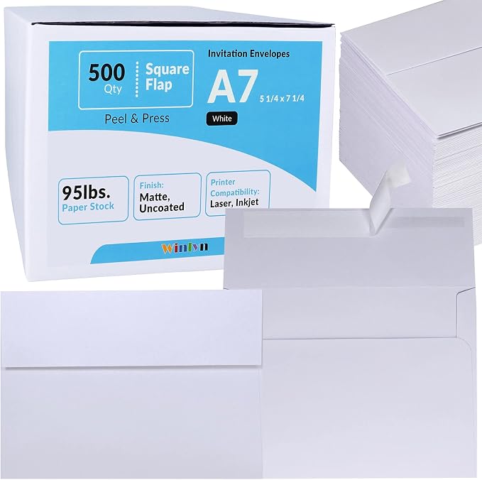 500 Pcs White A7 Invitation Envelopes 5 1/4 x 7 1/4 Square Flap Envelopes Self by Winlyn