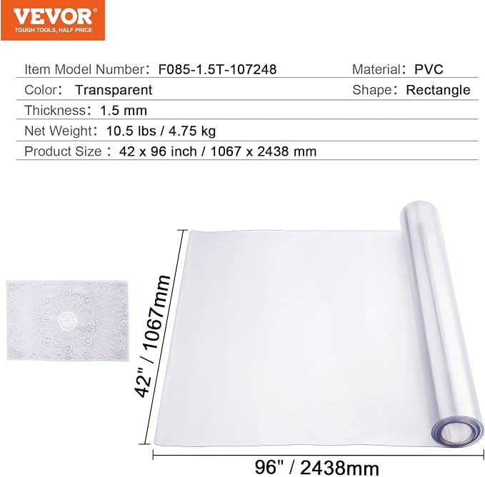 VEVOR Plastic Table Cover, 42 x 96 Inch 1.5 mm Thick Clear Rectangle PVC Desk - Image 8