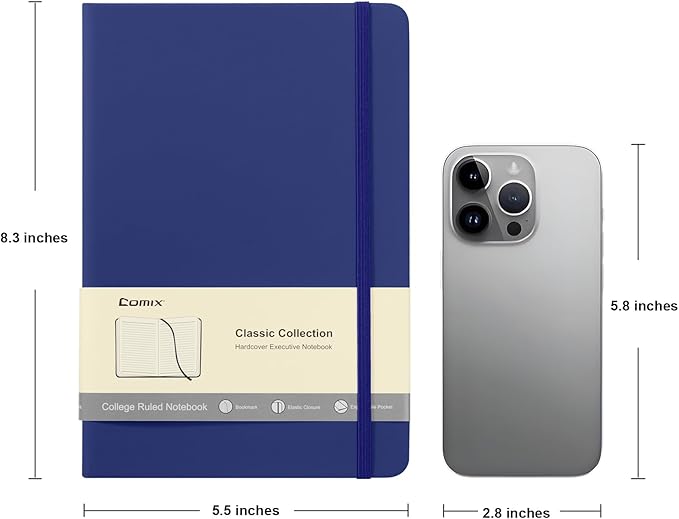 Comix Lined Journal Notebook for Women Men, Journaling Notebooks for Office School Home, 240 Pages, 5.5" x 8.3", College Ruled, A5, Hardcover, Navy Blue-DeskLoop Office