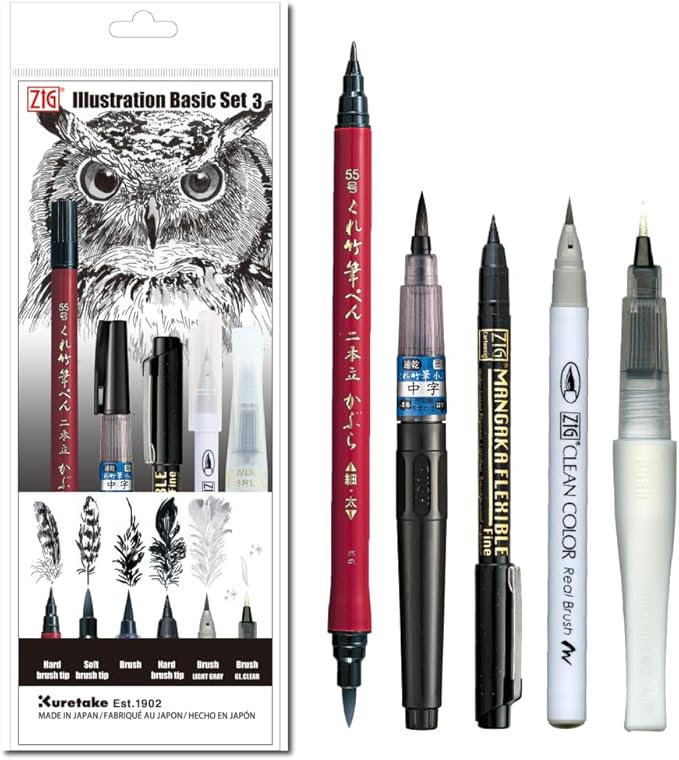 Kuretake Zig Inktober pen set, for Illustration, Manga Drawing, Lettering and Calligraphy, Professional Artist, Made in Japan (Basic No.3(5pcs.))-DeskLoop Office