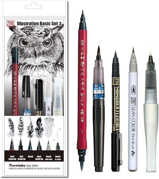 Kuretake Zig Inktober pen set, for Illustration, Manga Drawing, Lettering and Calligraphy, Professional Artist, Made in Japan (Basic No.3(5pcs.))-DeskLoop Office