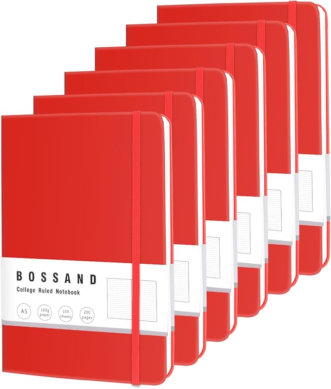BOSSAND College Ruled Notebooks, 6 Pack A5 Lined Journal Notebooks, 200 Pages 100 GSM Thick Paper, Hardcover, 8.25 inches x 5.75 inches, Red-DeskLoop Office