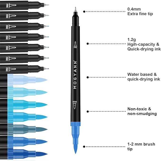 Mogyann Blue Markers, 12 Pack Dual Brush Pens Drawing Markers for Art Sketching-DeskLoop Office