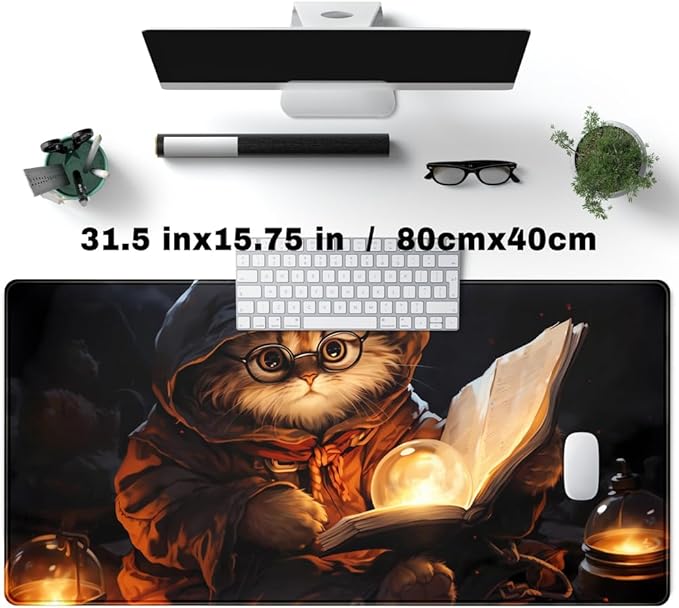 Magical Cat Desk Mouse Mat Black Vintage Desk Pad Playmat for MTG Large Mousepad Gaming Deskpad XXL Keyboard Mouse Pad Full Desktop Mat Desk Cover Mat for Work Office Home (31.5x15.7 in)-DeskLoop Office