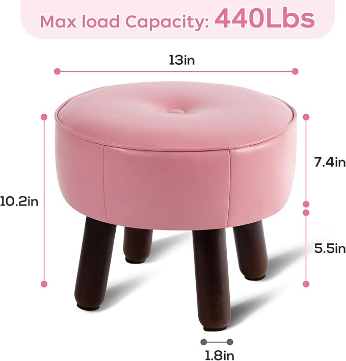 Small Foot Stool Round Pouf Ottoman, 13'' Leather Foot Rest with Non-Skid Rubber Legs, Foolstool Ottomans for Couch, Sofa Footrest Step Stool for Living Room Bedroom Entryway Office, Pink-DeskLoop Office
