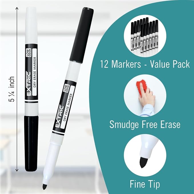EXTRIC Black Dry Erase Markers Fine Tip 12 PK Whiteboard Markers | Use: School - Image 2