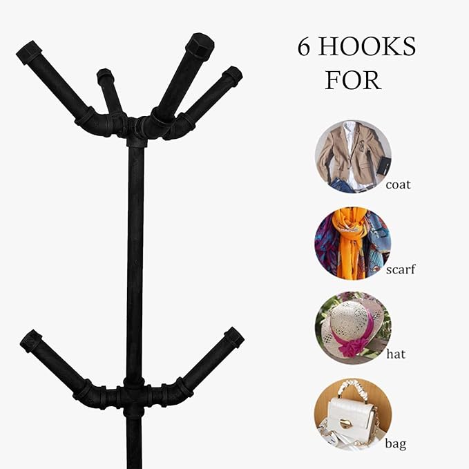 Industrial Coat Rack,Metal Pipe Coat Rack Stand Freestanding with 6 Hooks,Heavy Duty Coat Tree Sturdy Coat Racks for Entryway, Hallway, Bedroom (Black)-DeskLoop Office